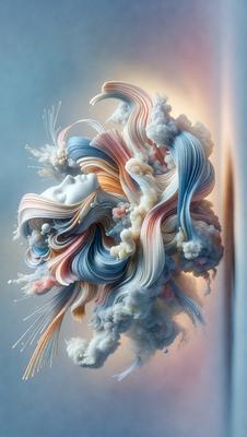 The primary subject of the image is a sculpture of a woman with long hair. The sculpture is made of a combination of plastic and fabric, giving it a unique and artistic appearance. The setting is a room with a wall, and the visual style is a blend of digital art and illustration. The colors and mood of the image are predominantly blue and pink, creating a sense of whimsy and creativity.